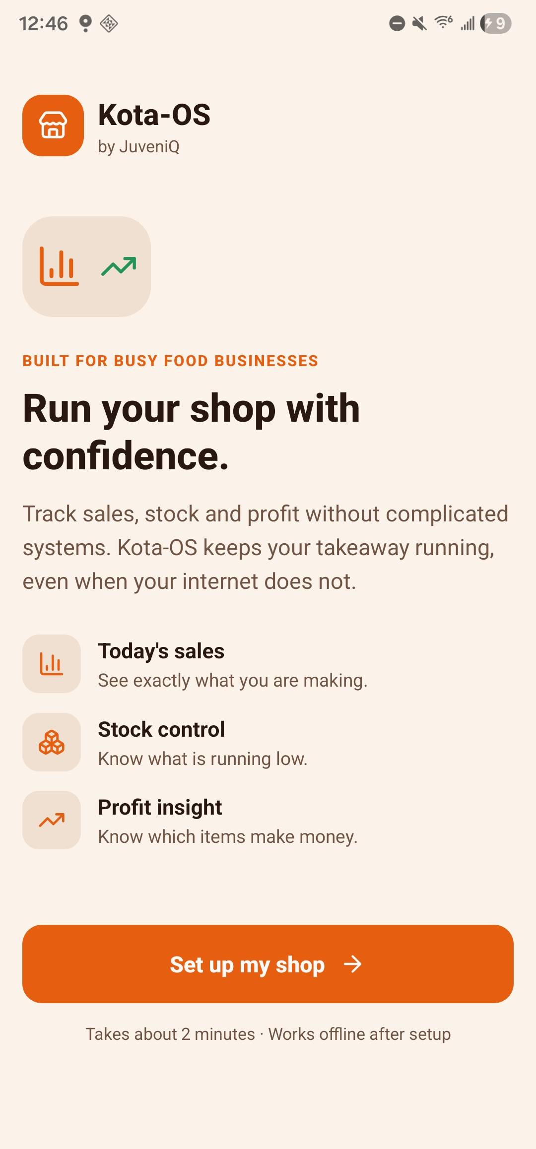 Kota-OS onboarding welcome screen introducing sales, stock control and profit insight for food businesses