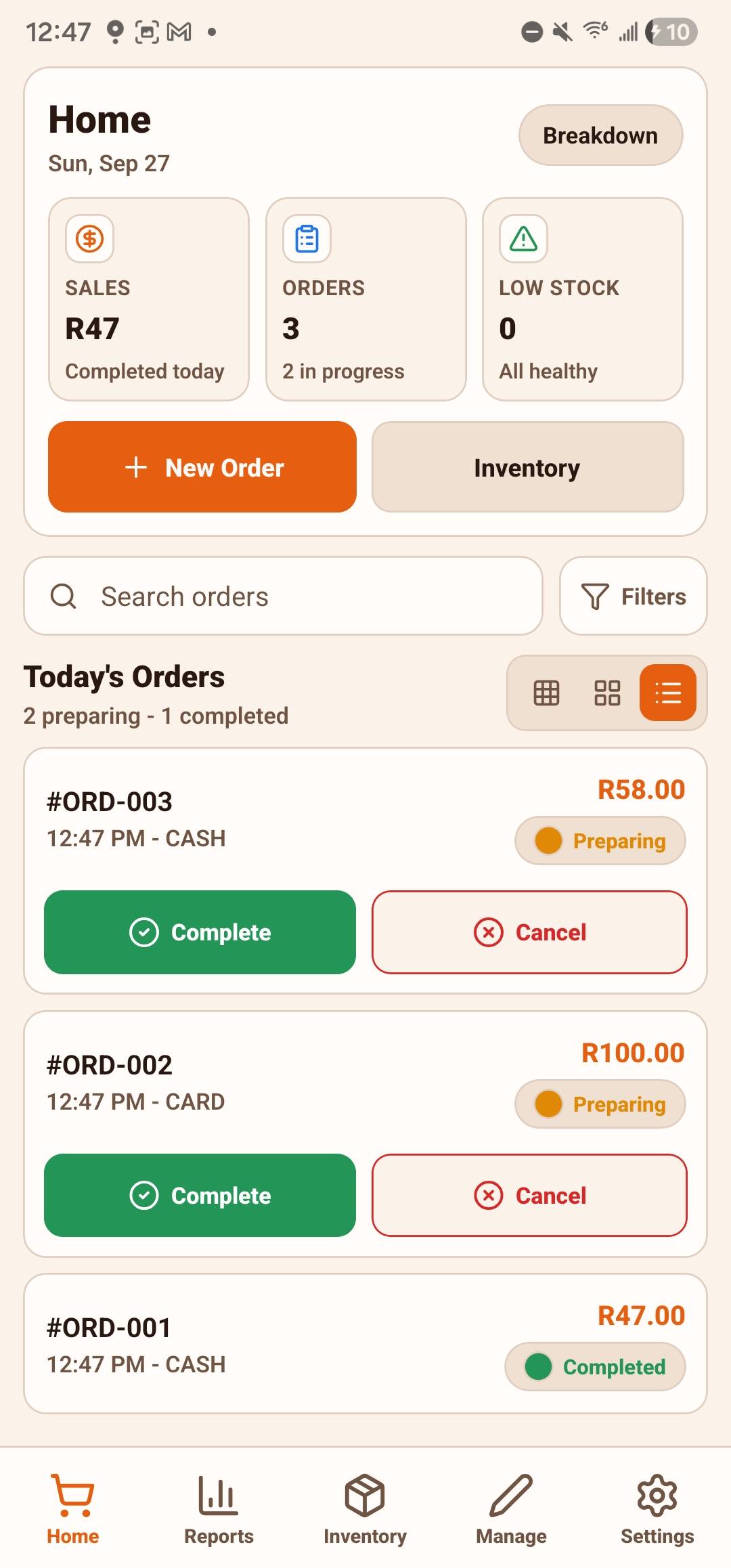 Kota-OS v1.0.5 home dashboard showing sales, active orders, low-stock status and order actions